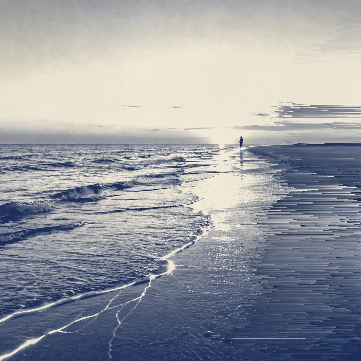 Blue and cream study of a quiet horizon crossed by a shaft of light